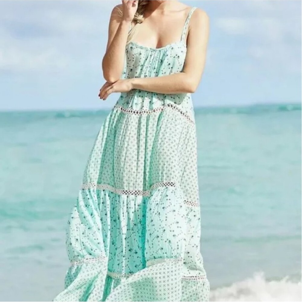 DEBBIE KATZ South Beach Aqua Lily Boho Tiered Maxi Sundress